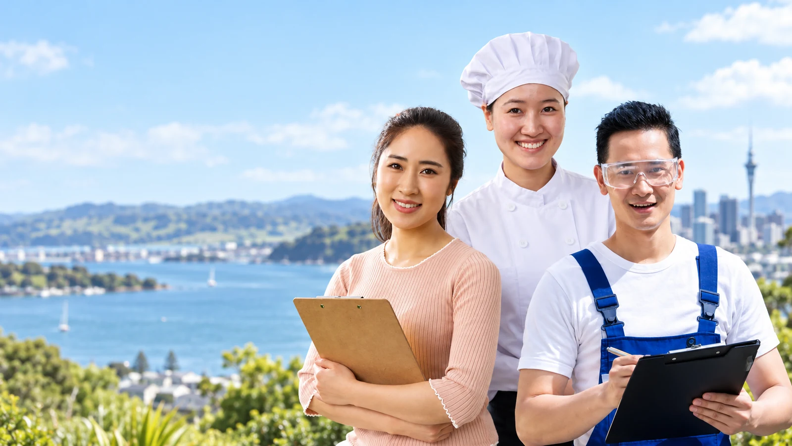 Hình minh họa nhóm người lao động tay nghề với toàn cảnh thành phố New Zealand