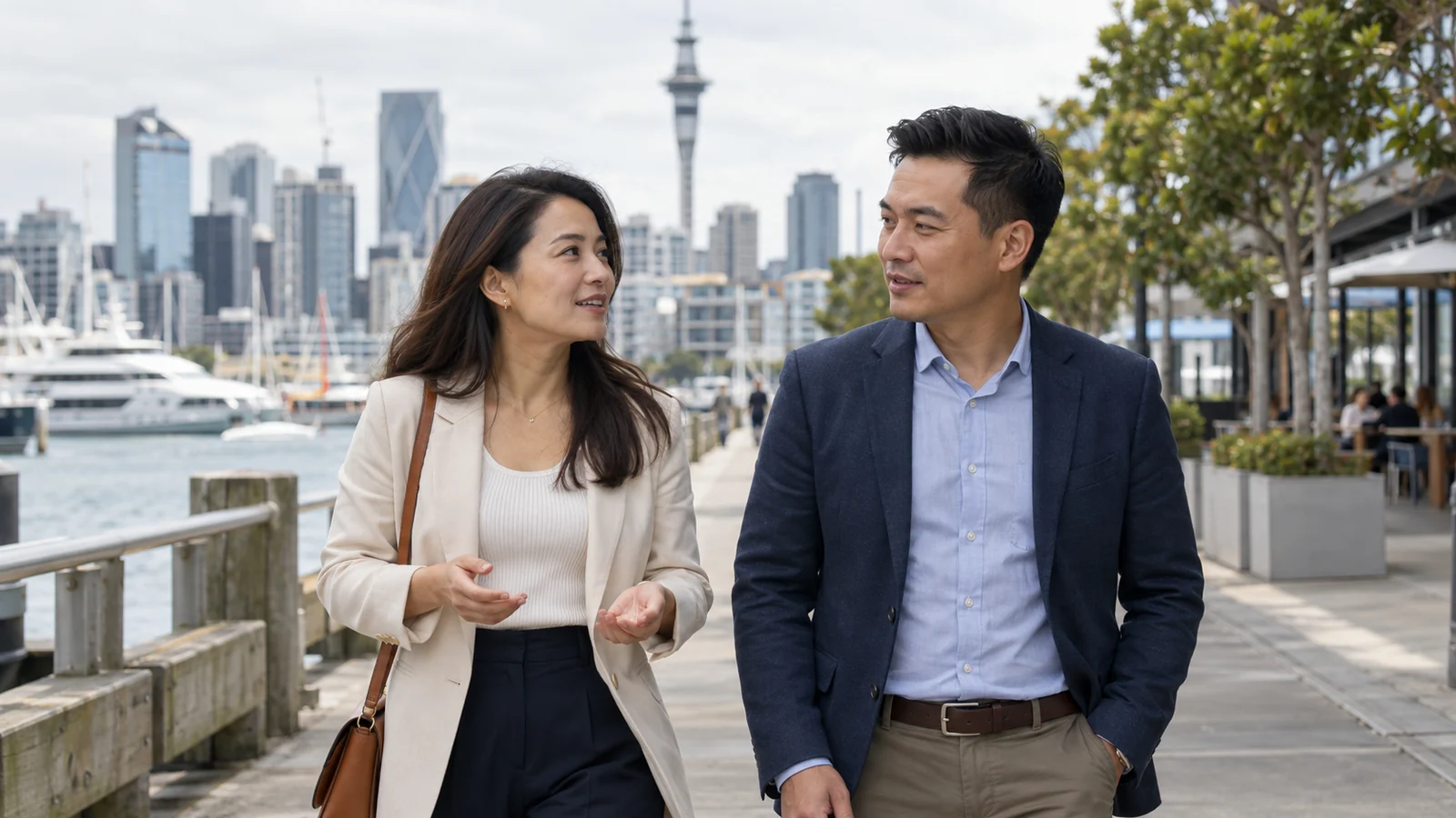 Định Cư Diện Tay Nghề New Zealand 1 Hai người trao đổi bên bờ biển với đường chân trời thành phố phía sau